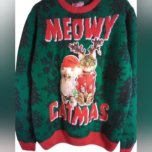 Meowy Catmas Green And Red Sweater Size M Office Party Ugly Xmas